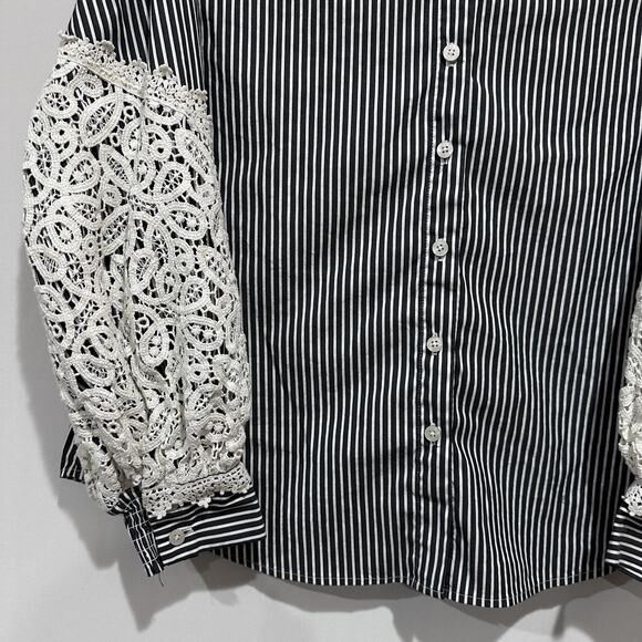 Chicos Shirt Womens 10 Gray White Stripe Button Front Lace Long Sleeve Blouse - Picture 3 of 8